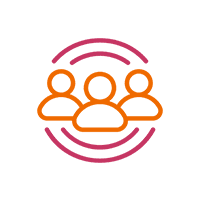 Three orange human icons surrounded by pink curved lines on white background.