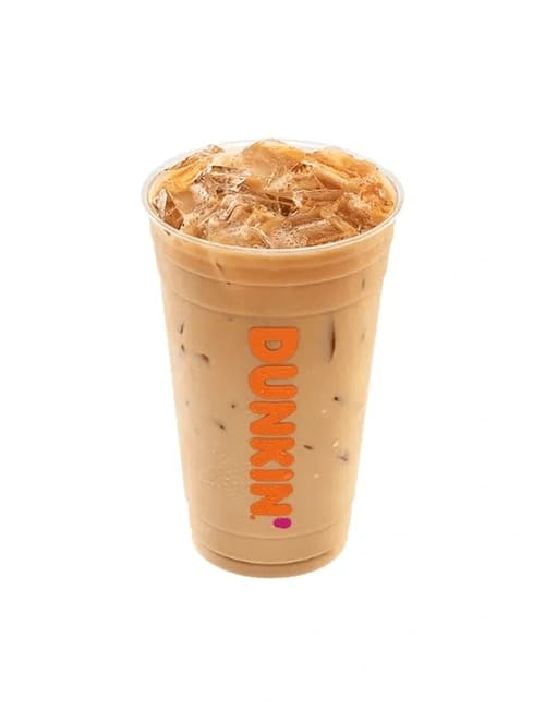 Iced coffee in a Dunkin' cup with ice.