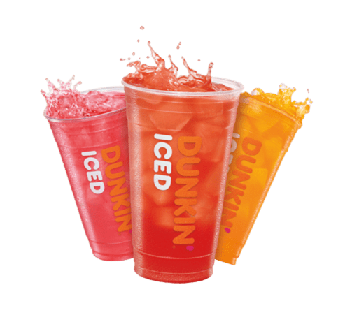 Colorful iced Dunkin' drinks splashing with vibrant energy.