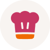Logo featuring a chef's hat with a purple top and orange base.