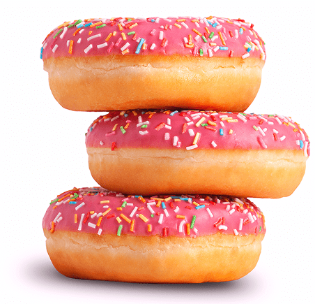 Three stacked pink-frosted donuts with colorful sprinkles.