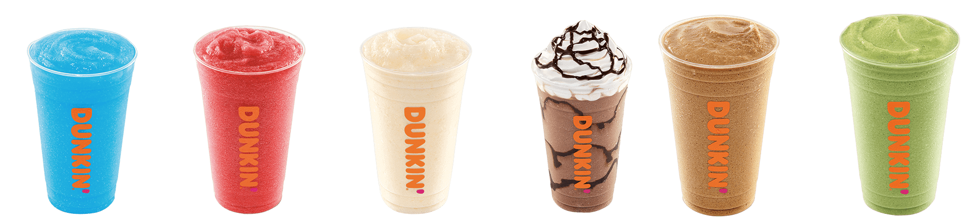 Two Dunkin' frozen drinks, one vanilla and one chocolate with whipped cream.