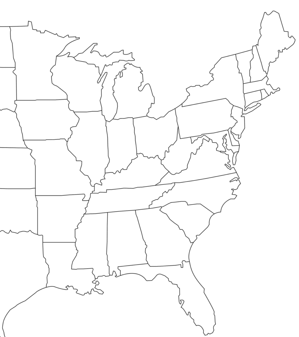 Outline map of the eastern United States showing state borders.