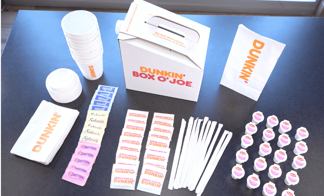 Box of Joe serves 10 people and includes sugars, creams, cups, lids