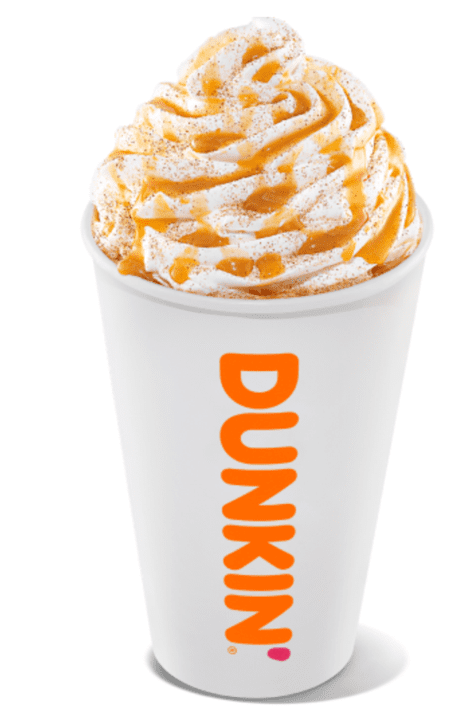 Dunkin cup topped with caramel whipped cream